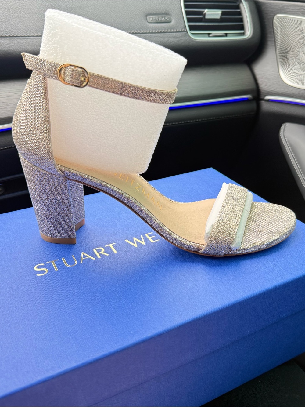 NIB Stuart Weitzman Glitter Block Heel Sandal in Silver - 6.5